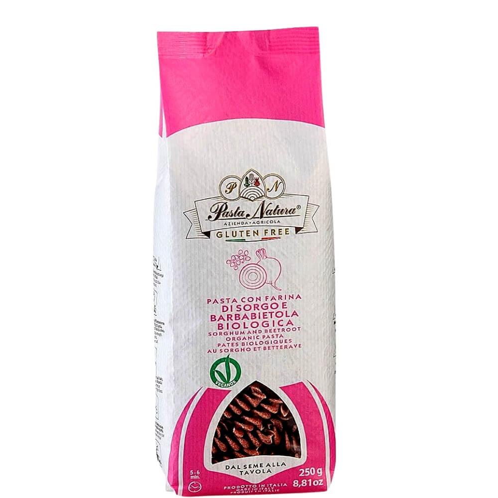 Bio glutenfreie Fusilli aus Hirse, Reis und Rote Bete von PASTA NATURA, 250 g, frisch gekochte Pasta in einer Schüssel.