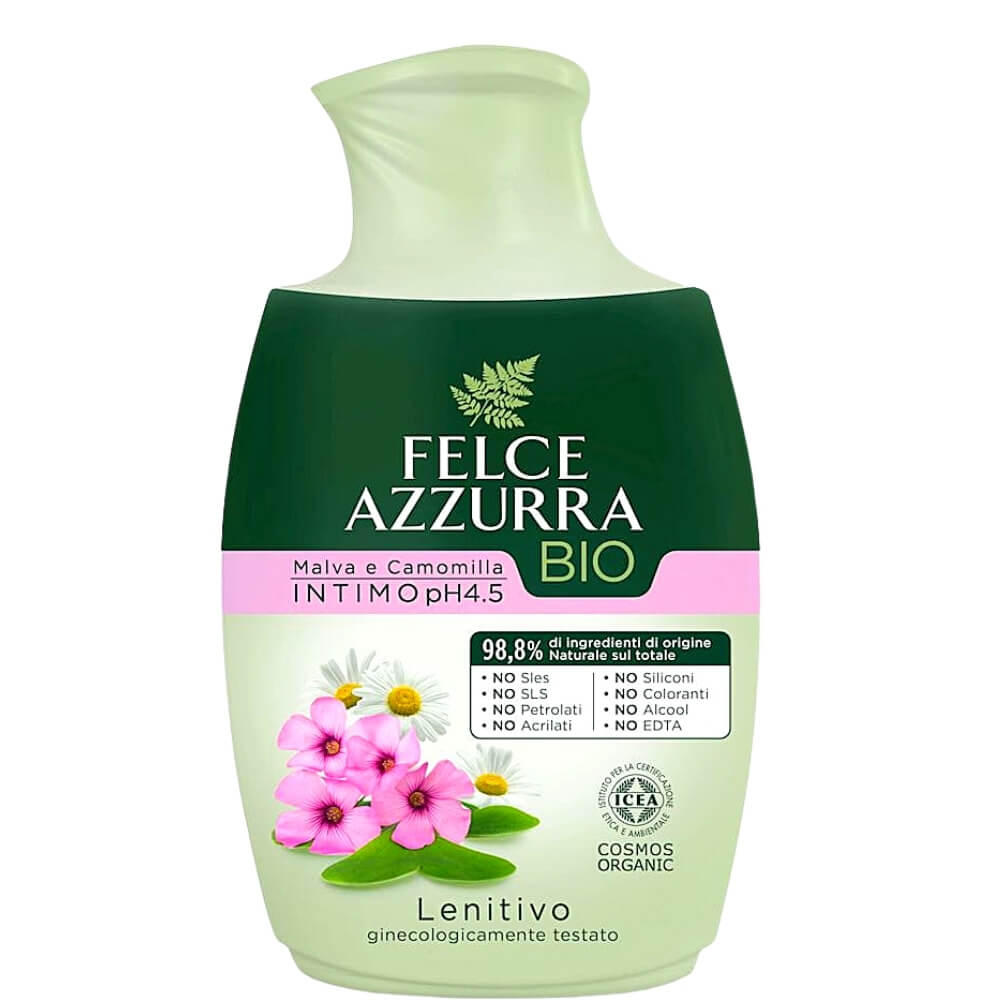 Natürliche FELCE AZZURRA Intimhygiene-Flüssigkeit aus Malve und Kamille, 250 ml, sanfte Pflege für die Intimzone