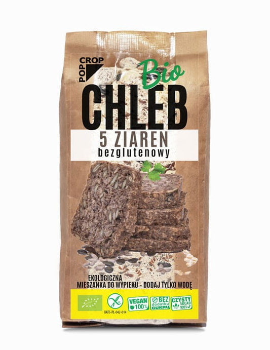 Glutenfreie BIO 5-Korn-Brotbackmischung von POPCROP, 450 g, mit verschiedenen Körnern, in einer offenen Packung.