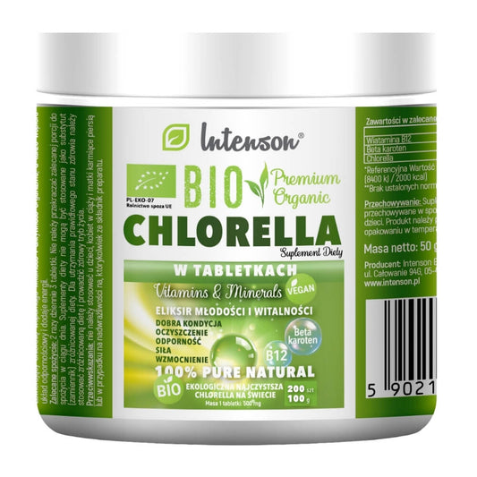Biologische Chlorella Tabletten von INTENSON EUROPE, grüner Algenextrakt, 200 Stück, 100g, für Nahrungsergänzung.