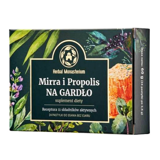 Halslutschtabletten mit Myrrhe und Propolis von HERBAL MONASTERIUM, ohne Zucker, packung mit 24 Lutschtabletten, natürliche Inhaltsstoffe
