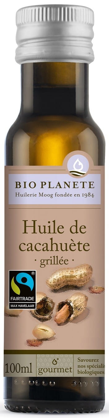 Geröstetes Bio-Erdnussöl von BIO PLANETE in 100 ml, fair gehandelt und naturbelassen, flüssig in einer Glasflasche.