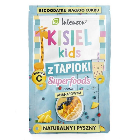 Kisiel Kids mit Tapioka und Ananasgeschmack, 30g, von INTENSON EUROPE, in einem Glas mit gelbem Fruchtpüree und Tapioka-Perlen
