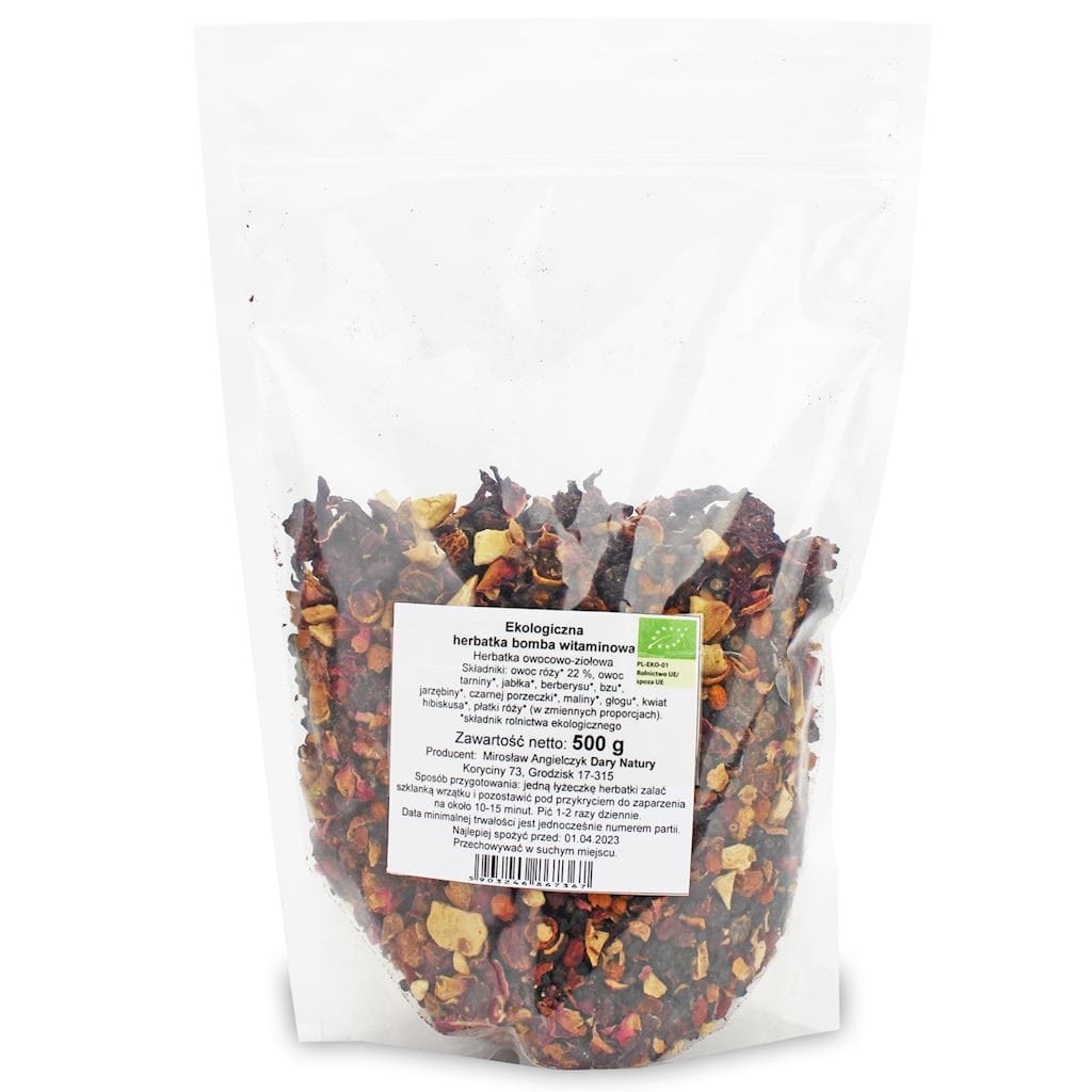 Bio Vitaminbombentee von DARY NATURY, 500 g, aromatischer Kräutertee in einer Verpackung mit natürlichem Design.