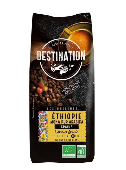 Äthiopische Moka Awasas Kaffeebohnen von DESTINATION, 1kg, Bio-zertifiziert, frisch und aromatisch, im beigen Beutel zu sehen
