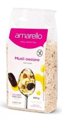 Glutenfreies Hafermüsli ohne Zucker von Amarello, 400g, mit Haferflocken und getrockneten Früchten in einer Schüssel