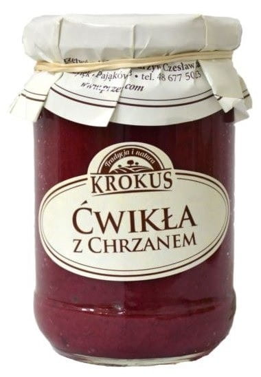 Rote Bete mit Meerrettich von KROKUS in 280g Glas, cremige rote Bete mit würzigem Meerrettich, auf weißem Hintergrund.