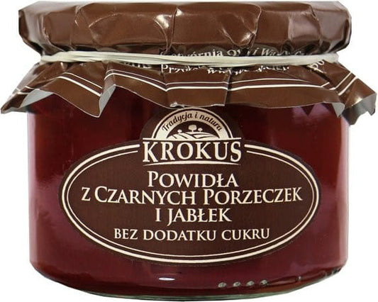 Schwarze Johannisbeer-Apfel-Marmelade von KROKUS in 310g Glas, ohne Zucker, mit dunklen Johannisbeeren und Apfelstücken sichtbar