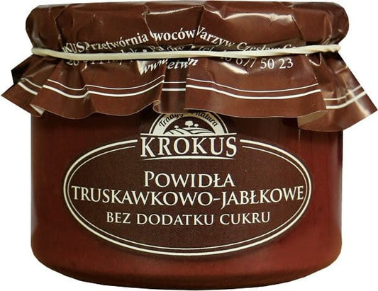 Erdbeer-Apfel-Marmelade ohne Zucker in 310g Glas von KROKUS, mit frischen Erdbeeren und Äpfeln sichtbar.
