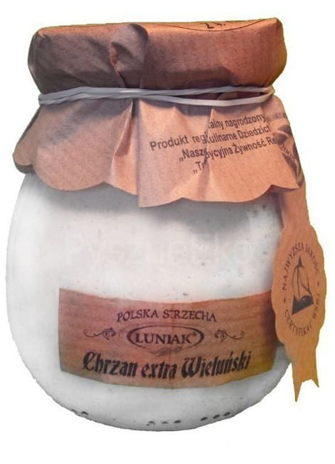Extra Meerrettich "Wieluński" von LUNIAK in 230g Glas, scharfer Meerrettich mit traditionellem Geschmack, sichtbar in Glas verpackt.