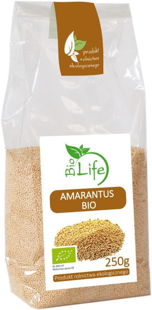 Bio Amaranth, 250g, von BIO LIFE, in einer transparenten Verpackung auf weißem Hintergrund sichtbar.