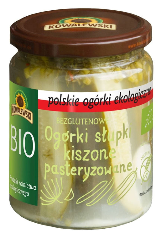 Eingelegte glutenfreie Bio-Gurken von KOWALEWSKI in 480 g Glas, frisch und knackig, auf einem weißen Hintergrund.