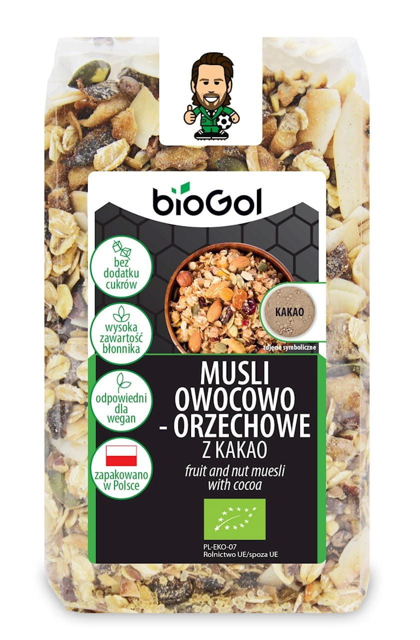 Müsli mit Früchten, Nüssen und Kakao von BIOGOL, 300 g, Bio-Frühstücks-Müsli in einer Schüssel mit Früchten und Nüssen