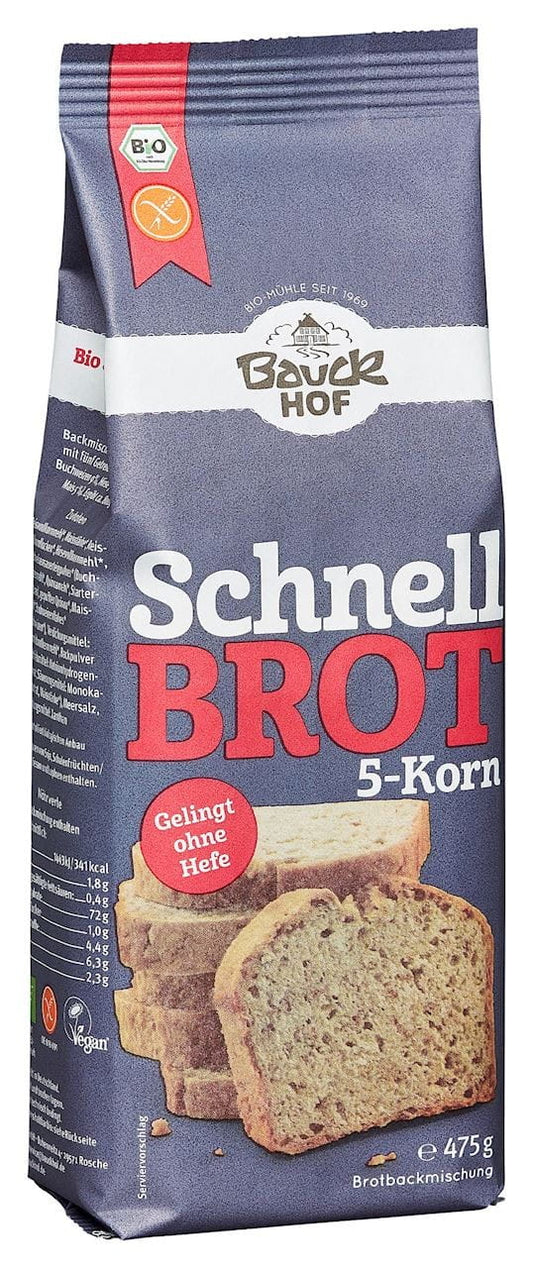 Vollbild der glutenfreien Bio-Brotbackmischung mit 5 Körnern von BAUCK HOF, 475 g, in einer offenen Verpackung.