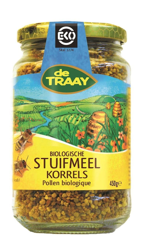 BIO Blütenpollen von DE TRAAY in einer transparenten Schale, frische Blütenpollen in natürlicher Form.