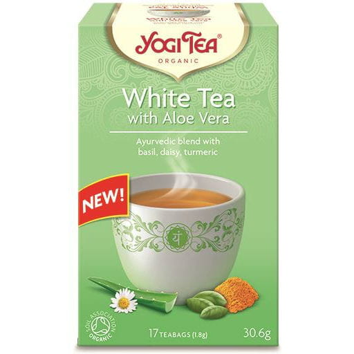 Weiße Bio-Tee mit Aloe von YOGI TEA, 17 Teebeutel à 18 g, zeigt die Verpackung mit Teeblättern und Aloe-Illustration.
