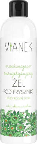 Duschgel von VIANEK, erfrischendes und energetisierendes 300ml Fläschchen mit gelber Verpackung und aufgedrucktem Etikett