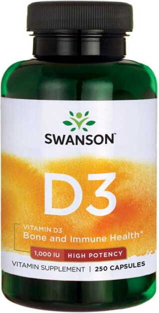 Vitamin D3 1000 IE Vitamin D3 250 SWANSON-Kapseln, offene Verpackung mit Kapseln, Nahrungsergänzungsmittel für Gesundheit