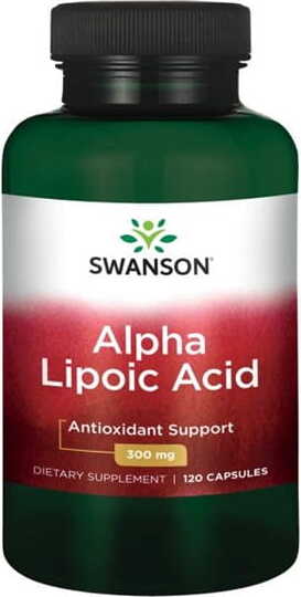 Weiße Kapseln mit Alpha-Liponsäure 300 mg in einer Verpackung, Swanson-Marke, für Nahrungsergänzung.