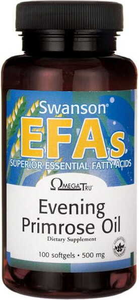 Nachtkerzenöl Kapseln von SWANSON, 500mg, in einer weißen Packung, liegend auf einem weißen Hintergrund.