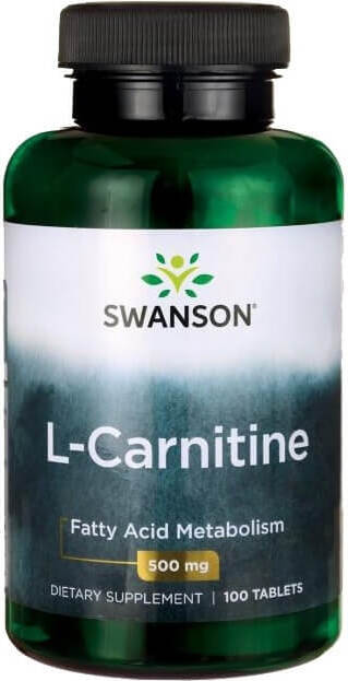 L-Carnitin 500mg von SWANSON, 100 Tabletten, Nahaufnahme der Packung mit Tabletten auf weißem Hintergrund