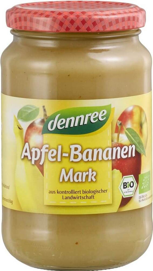 Bio Apfel-Bananenmus von DENNREE in 360 g Glas mit fruchtigem Apfel- und Bananengeschmack.