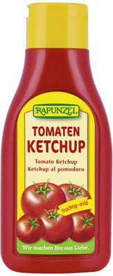Bio Ketchup von RAPUNZEL in 500 ml Flasche, sichtbare Flasche mit rotem Ketchup, ideal für Burger und Pommes.