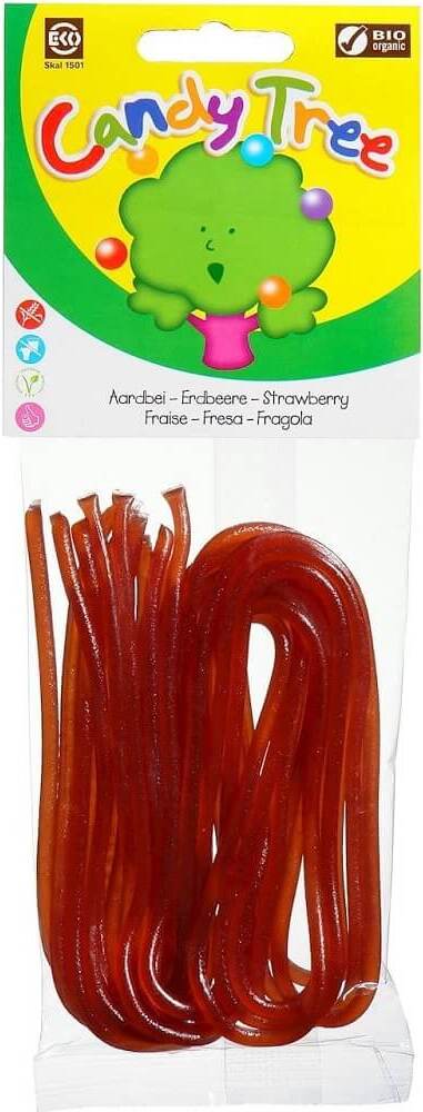 Bunte glutenfreie Bio-Erdbeergeschmack Jelly Beans von CANDY TREE in 75 g Verpackung, auf weißem Hintergrund.