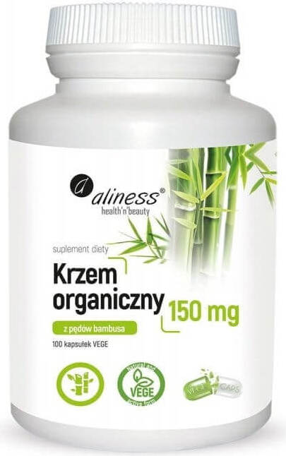 Organische Silizium-Kapseln aus Bambussprossen, 150 mg, 100 Stück, von ALINESS, in einer offenen Packung.
