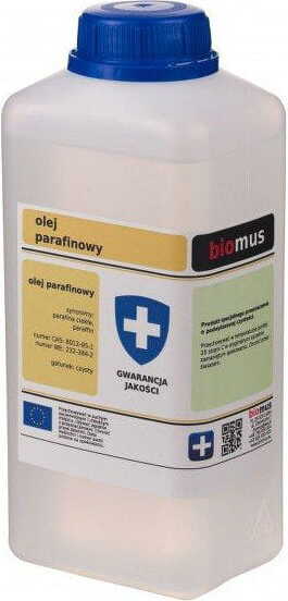 Flüssiges Paraffinöl von BIOMUS in einer 1000 ml Flasche, transparent und klar, ideal für Pflege und Anwendungen