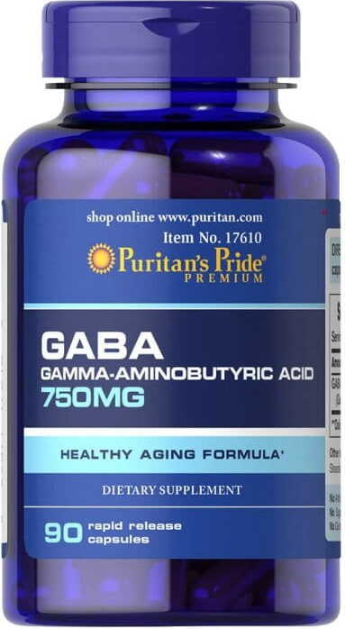 Gamma-Aminobuttersäure GABA Kapseln, 750 mg, 90 Stück, von PURITAN'S PRIDE, zeigt die Verpackung und die Kapseln.