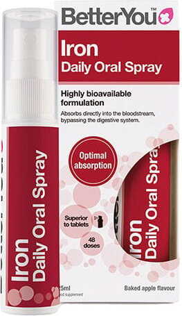 Eisen-Mundspray BETTERYOU LTD., 25 ml, für tägliche Eisenaufnahme, zeigt die Flasche mit Dosierungsanzeige und Anwendung