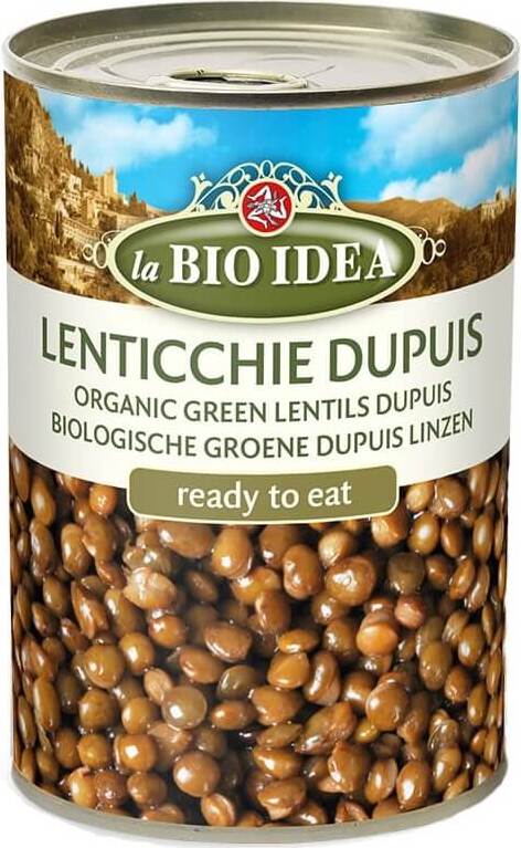 Grüne Linsen Dupuis in Dose, Bio-Qualität von LA BIO IDEA, 400 g, getrocknete Hülsenfrüchte auf weißem Hintergrund