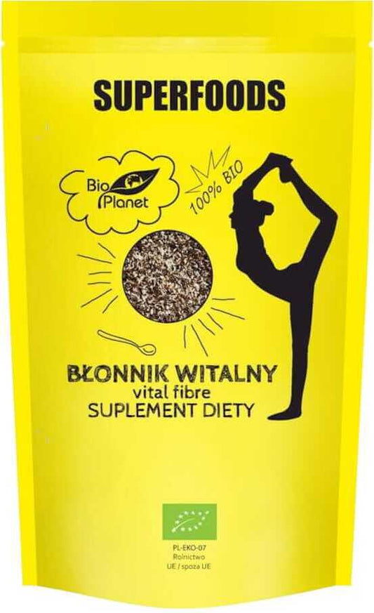 Bio Vitalfaser, 150 g, von BIO PLANET, Nahaufnahme der Verpackung mit Faserprodukt in einer natürlichen Umgebung