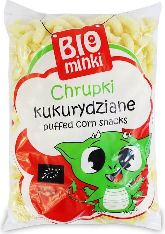 Bio-Maischips von BIOMINKI, 150 g, knusprige Maischips in einer offenen Packung, ideal für gesunden Snack.