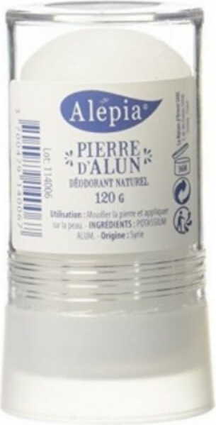 Natürlicher ALEPIA Biogo Alaun Deodorant 120 g in einer weißen Verpackung, sichtbar auf dem Bild.