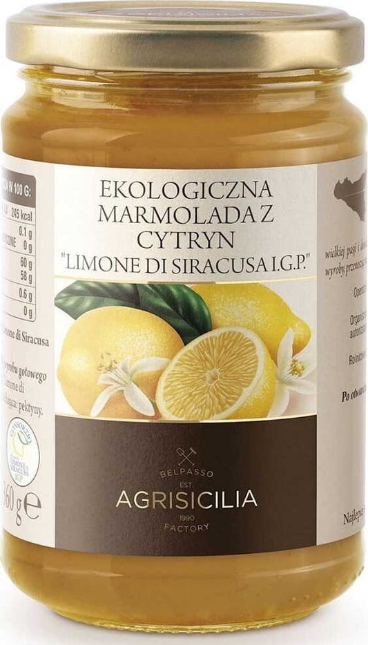 Bio-Zitronenmarmelade von AGRISICILIA in 360 g Glas, mit frischen Zitronen und natürlicher Konsistenz, sichtbar im Glas.