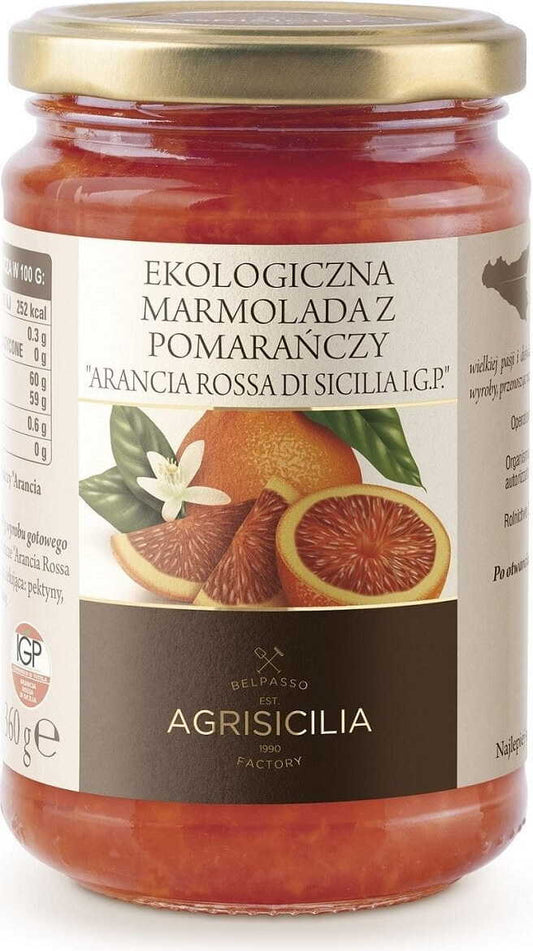 Bio Rote Orangenmarmelade von AGRISICILIA in 360 g Glas, mit fruchtiger, roter Orangenaroma und natürlicher Konsistenz.