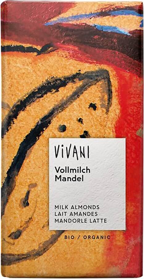 Milchschokolade mit Mandeln von VIVANI, BIO, 100 g, zeigt die Schokoladentafel mit Mandeln und cremiger Oberfläche.