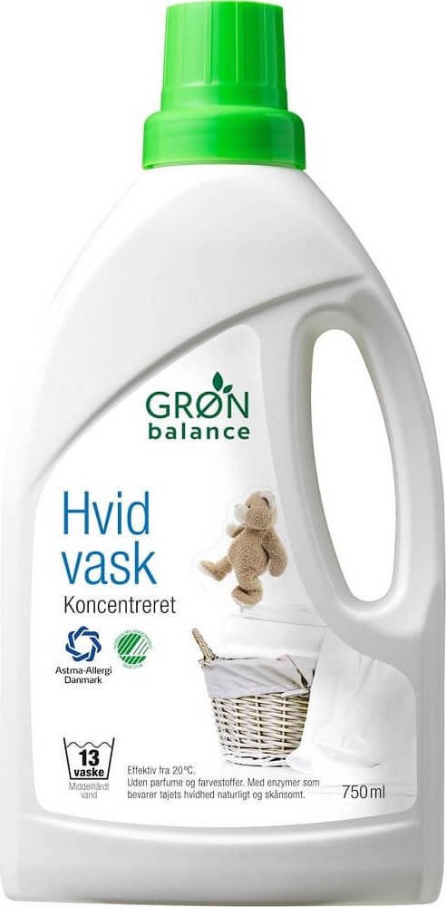 Weiße Wäsche Waschmittel von GRON BALANCE, 750 ml Flasche, zeigt das Produkt in der Originalverpackung.