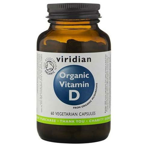 Bio-Vitamin D Kapseln von VIRIDIAN, 60 Stück, Nahaufnahme der braunen Kapseln in einer Blisterpackung.