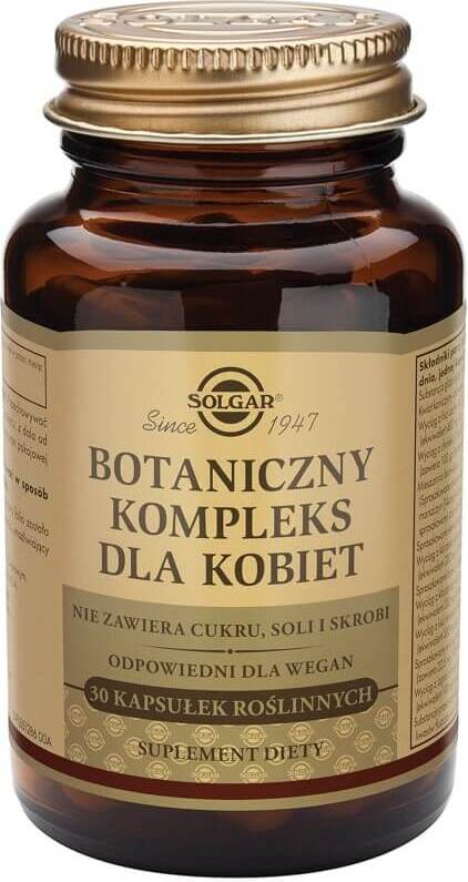 Botanischer Komplex für Frauen in 30 Kapseln von SOLGAR, natürliche Nahrungsergänzung für Frauen, zeigt die Kapseln in der Dose