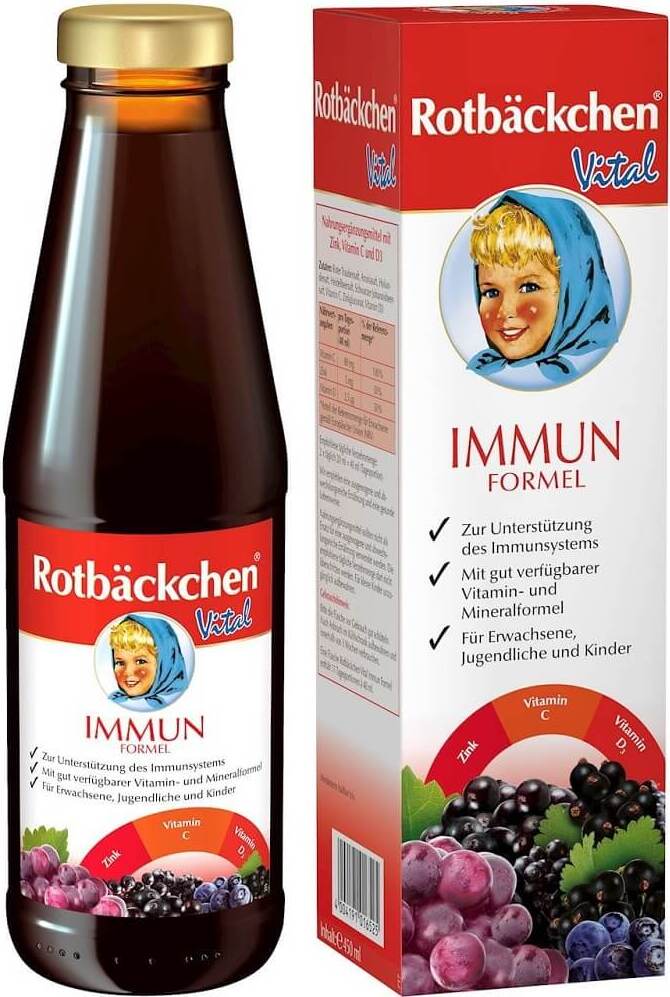 Mehrfruchtsaft von ROTBACKCHEN mit Zink, Vitamin C und D3 in 450 ml Flasche, zeigt die Flasche mit buntem Fruchtsaft-Design.