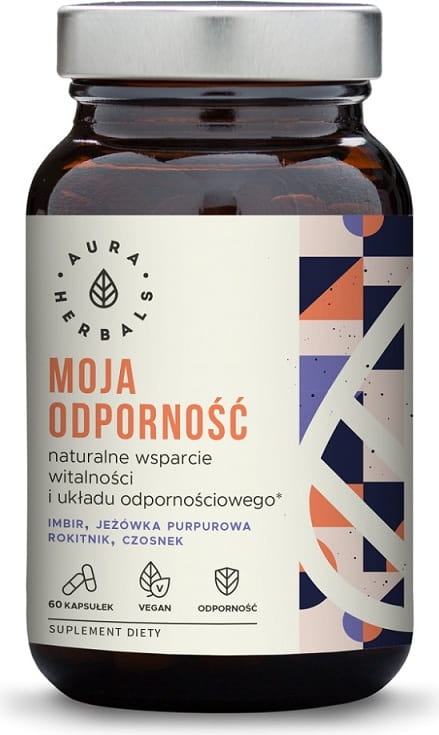 Dunkle Verpackung mit 60 Kapseln von AURA HERBALS, unterstützt Immunität und Vitalität, 52 g, auf weißem Hintergrund