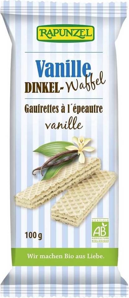 Dinkelwaffeln mit Vanillefüllung, BIO, von RAPUNZEL, 100 g, frische, goldene Waffeln mit cremiger Vanillefüllung.