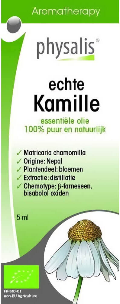 Ätherisches Bio-Kamilleöl in 5 ml Flasche, naturbelassen, mit Kamillenblüten für Aromatherapie und Hautpflege.