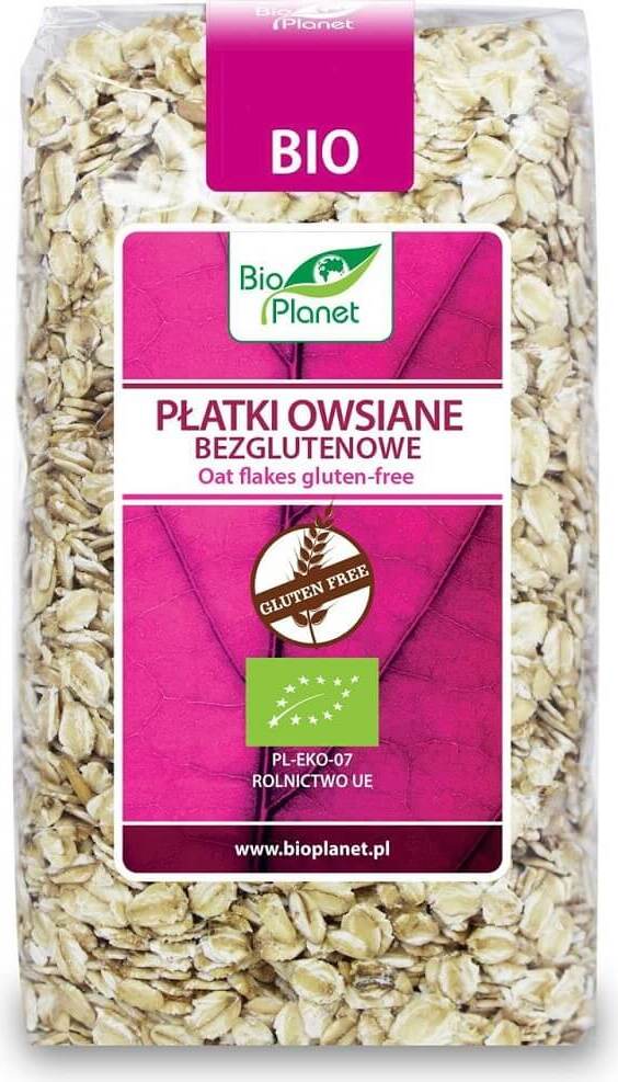 Glutenfreie Bio-Haferflocken von BIO PLANET in 300 g Packung, zeigt die Haferflocken in einer Schüssel.