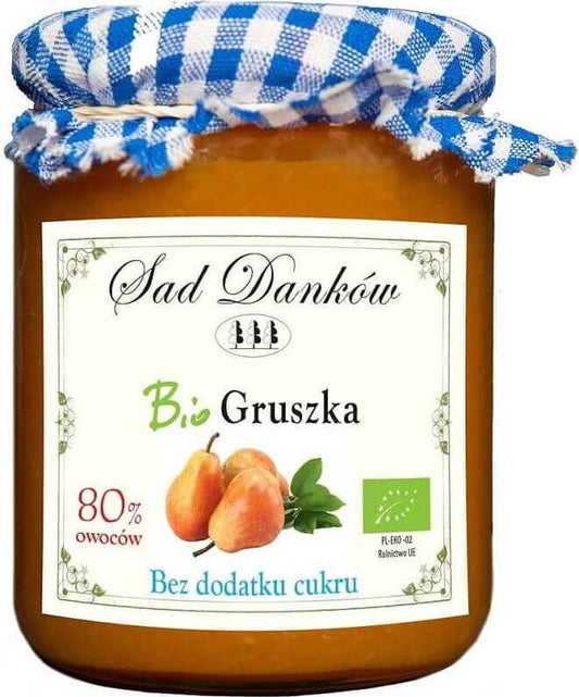 BIO Birne von SAD DANKÓW, 260 g, frisch und saftig, zeigt die reife, natürliche Frucht in einer transparenten Packung.