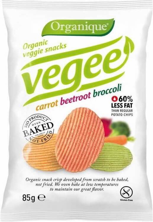 Bio glutenfreie Gemüsechips von ORGANIQUE in einer 85 g Packung, knusprig und bunt, mit frischem Gemüse.