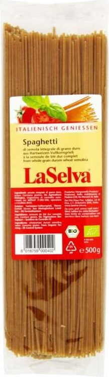 Vollkornspaghetti aus Hartweizen von LASELVA, Bio-Qualität, 500 g Verpackung, trockene Pasta auf weißem Hintergrund